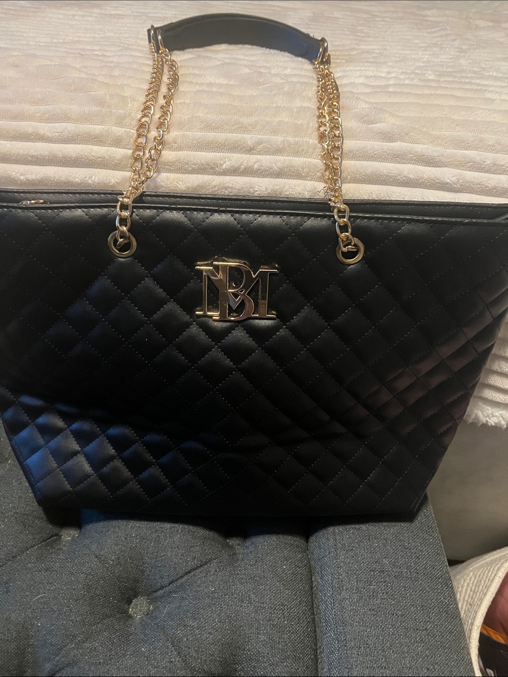 BADGLY MISCHKA Quilted Black Tote with Gold Chain Handles new without tags.